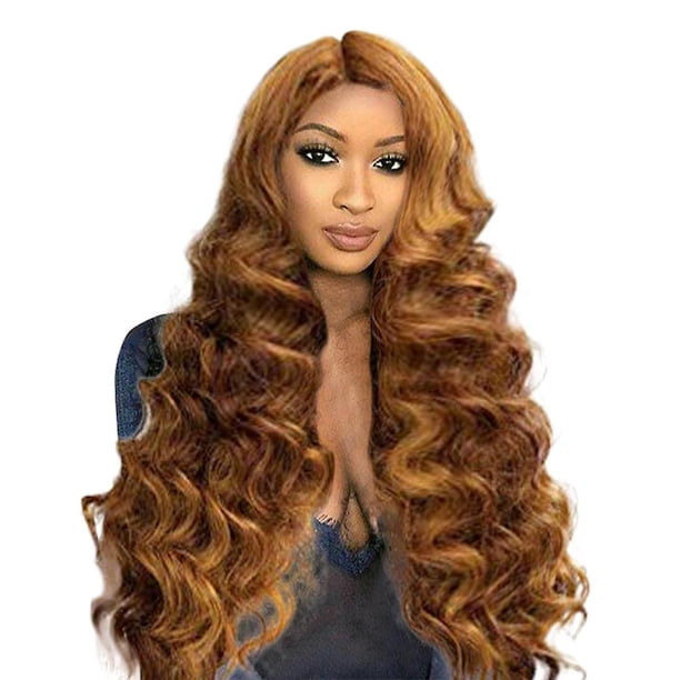 Peluca de pelo largo y rizado dorado de moda para mujer (cos