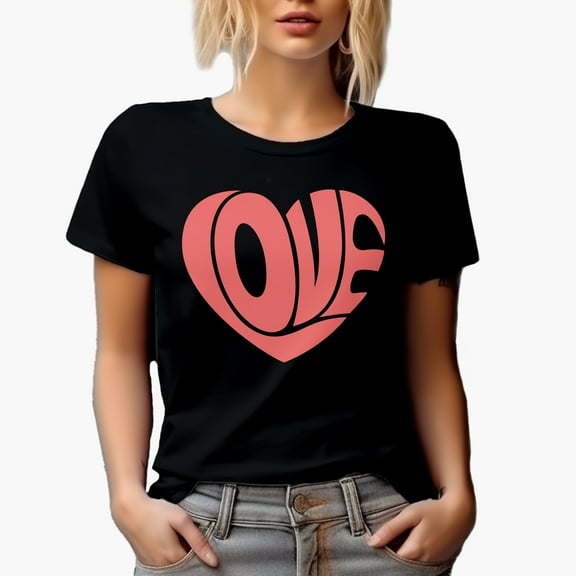 Heart-Shaped Love Word, Valentine's Day Merch Gift, Black T-Shirt, Small