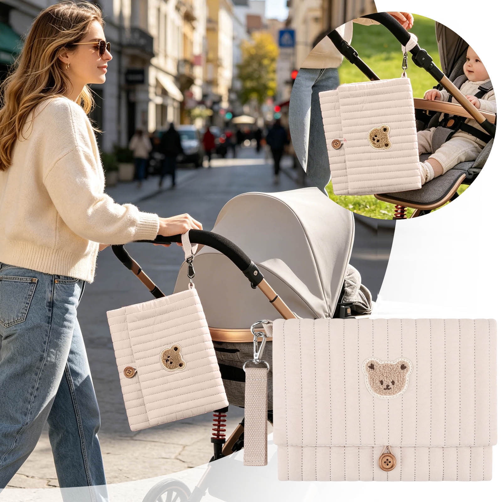 Bear Embroidery Baby Organizer Bag 10.6 Inch Multifunction Diaper Clutch with Wipes Pocket Portable Stroller Attachment Storage Pouch for Travel Khaki