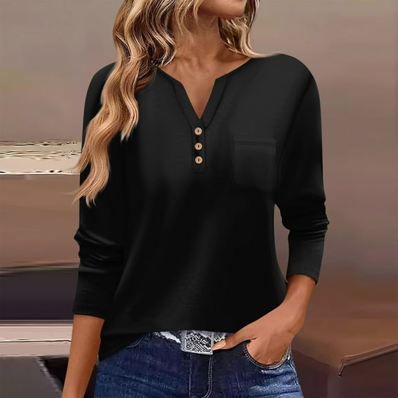 Tshirts Women Trendy Women's T Shirt Tee Button Long Sleeve Daily Weekend Fashion Basic V- Neck Regular Top With Pocket