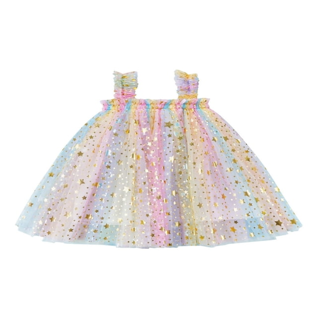 Robe à Sequins pour Filles Bretelles Sans Manches Étoiles Décoratives Princess Robe Étoiles Colorées Rayures Colorées Champagne Étoiles