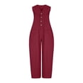 thumbnail image 4 of Jumpsuits for Women Capris Dressy Half Button Sleeveless Jumpsuit Stand Collared Solid Color Overalls Loose Wide Leg Jumpsuits with Pockets Wine S, 4 of 6