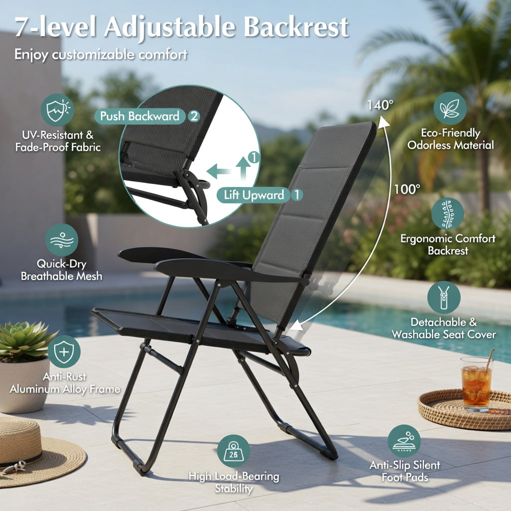 Hommoo 2-Pack Foldable Outdoor Patio Chairs with 7-Position Adjustable Backrest, Heavy-Duty Steel Frame, Breathable Oxford Fabric, for Backyard, Bistro, Camping & Balcony, Gray