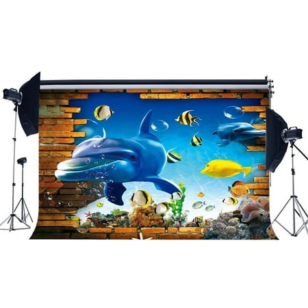 Image of ABPHOTO Polyester 7x5ft 3D Underwater World Backdrop Aquarium Backdrops Fish Coral Dolphin Crash Brick Wall Tropical Photography Background for Kids Summer Journey Ocean Sailing Photo Studio Props