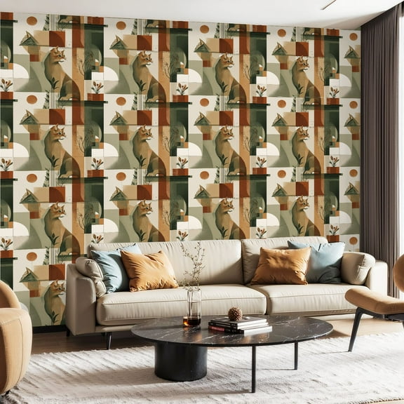 Peel and Stick Wallpaper Contact Paper Cat Floral Animal Sage Green Cream Abstract Shapes Symmetrical Layout Self Adhesive and Removable 24in x 118in