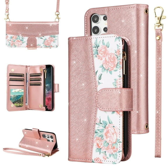 Furiet for Samsung Galaxy S24 Ultra 5G Floral Wallet Case with Flip Zipper Purse Wrist Strap Shoulder Strap, Glitter PU Leather Card Holder Stand Phone Cover for S24Ultra 24S S 24 24Ultra Rose Gold