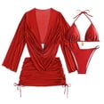 thumbnail image 4 of Womens Bikini Sets Women's 4 Piece Tankini Swimsuit with Sheer Cover Up and Tie Waist Two Piece Bikini Outfit for Beach Pool Halter Neck Sleeveless Solid Color Red M, 4 of 5