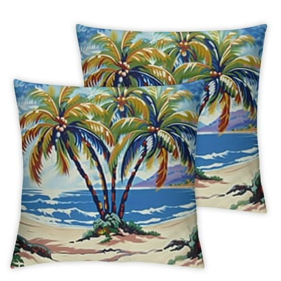 Palm Tree Decorative Throw Pillow Case Colorful Cartoon Tropical Island Hawaiian Torch Seagulls Sunset Summer Theme, Cushion Cover for Couch Living Room CarBlue Orange