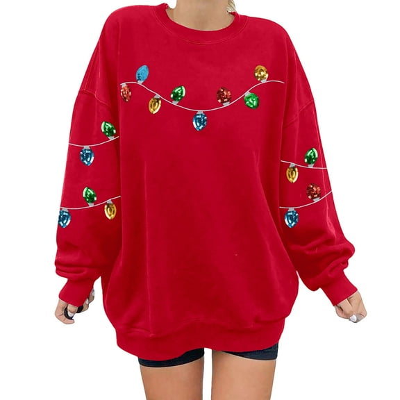 Fiaer Christmas Women Sweatshirts Trendy Lights Decor Relaxed Fit Pullover Fall Crew Neck Long Sleeve Plus Size Tops Red XL