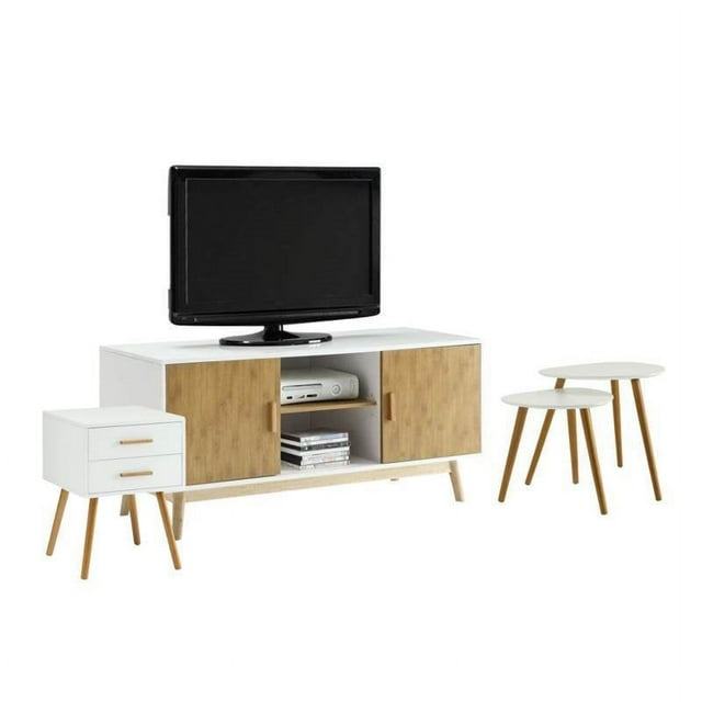Ensemble de Salon 4 Pcs avec Meubles TV et Tables d'Appoint en Blanc et Naturel