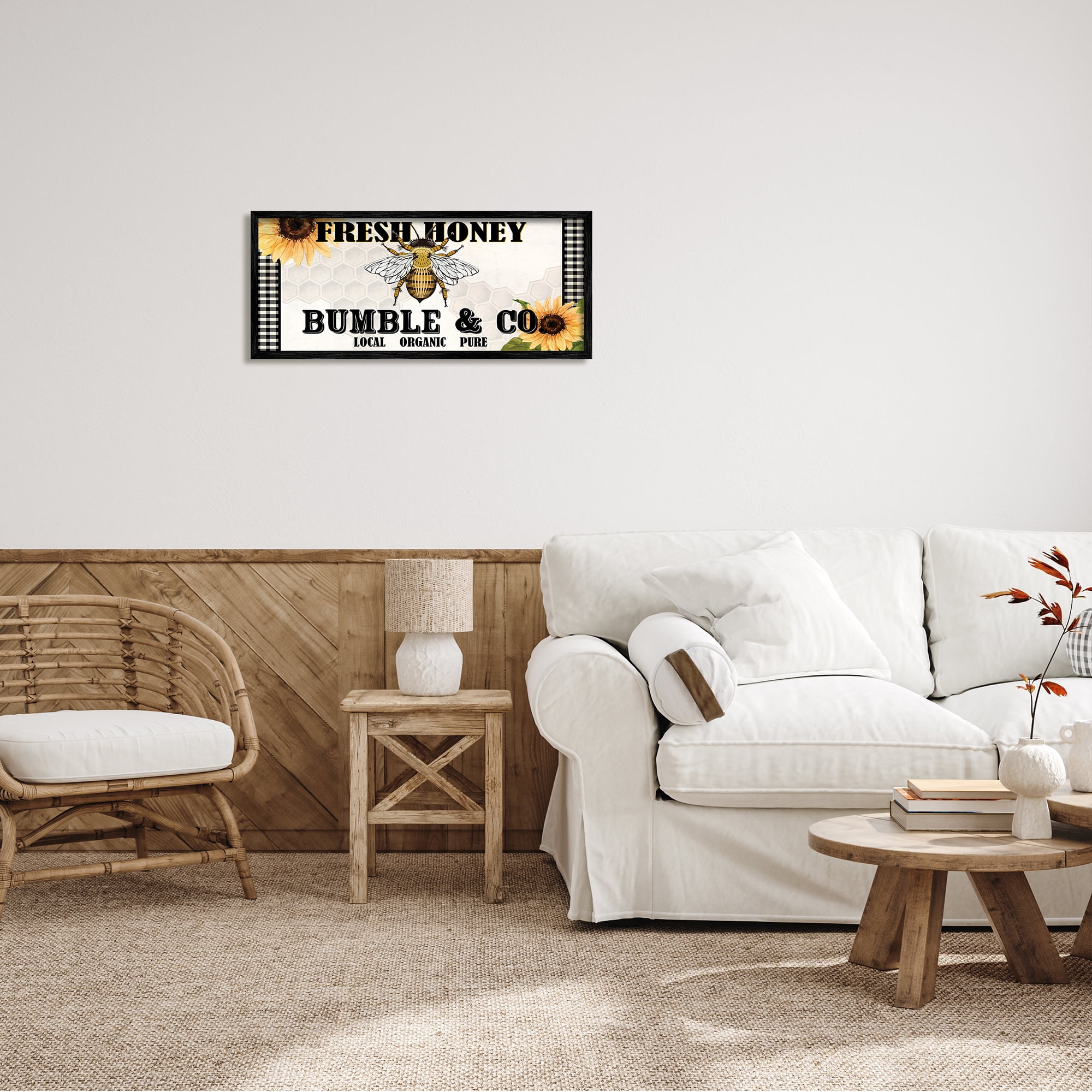 Stupell Industries Fresh Honey Bumble & Co. Advertisement Sunflowers Bee Graphic Art Black Framed Art Print Wall Art, 30x13, by Kim Allen