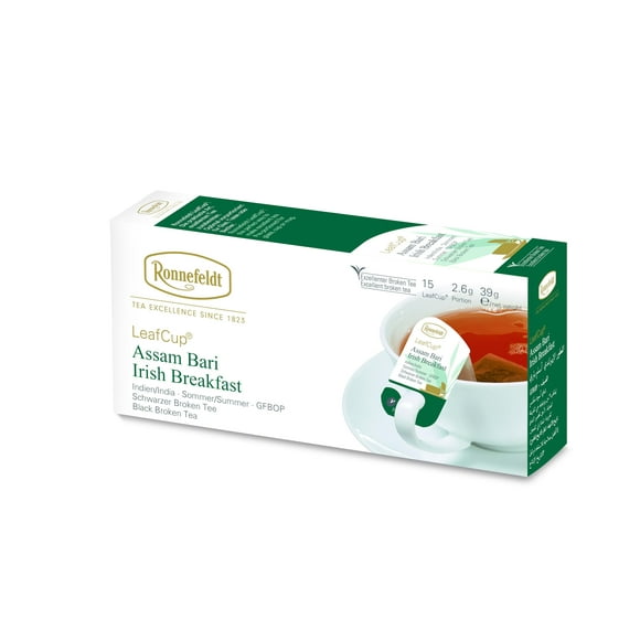 Ronnefeldt LeafCup Assam AJH3Bari Irish Breakfast - Black Tea Summer 15 Individually Wrapped Loose Leaf Tea Bags with Cardboard Tag to Hook on Cup - Strong, Smooth, Caffeinated - Hot or Iced