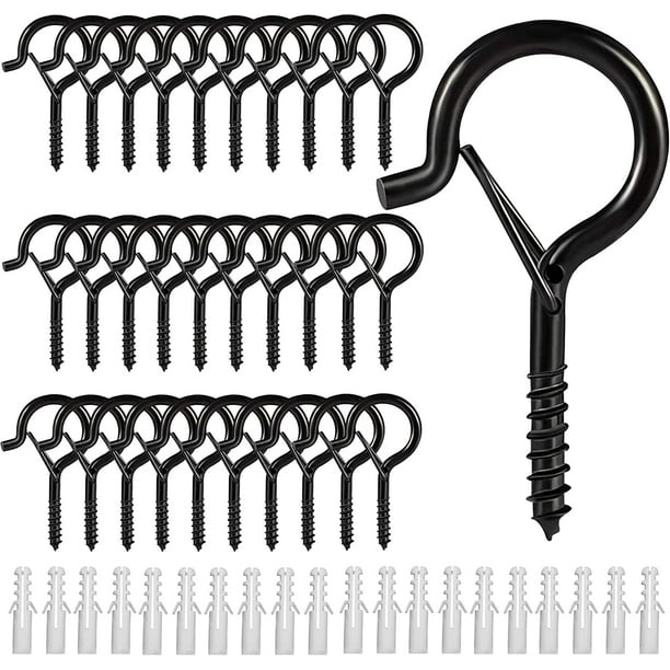 30 Pack Hooks for Outdoor String Lights，Screw Hooks for Hanging Plants Led  Party Lights Garage Wind Chimes, Black Heavy Duty Q Hanger Ceiling Cup  Hooks with Safety Buckle and Box 