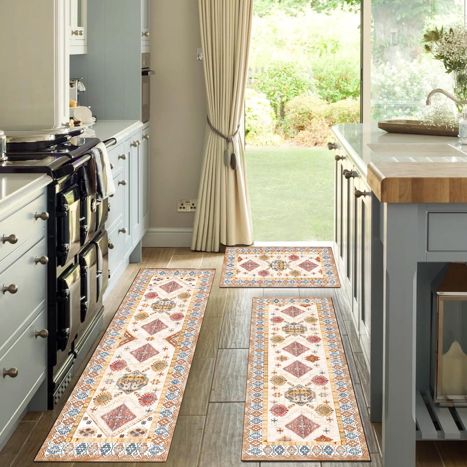 3 Piece Kitchen Rugs Set with Runner, Non-Slip TPR Cotton Backing Washable Kitchen Floor Mats, for Kitchen Laundry Hallway Bathroom
