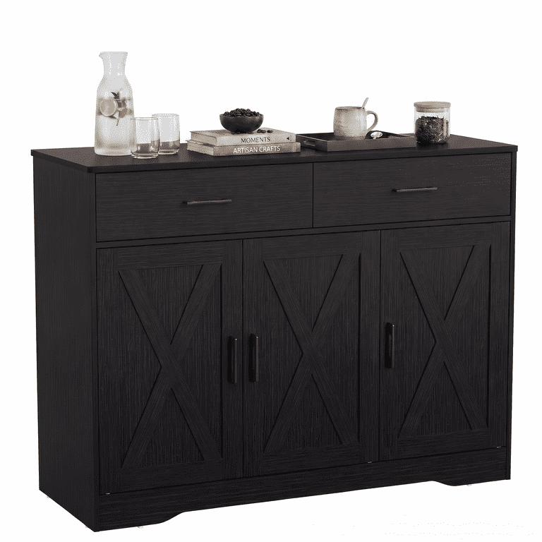 Lacoo Farmhouse Sideboard Buffet Cabinet with 2 Drawers and 3 Doors, Kitchen Storage Cabinet with Adjustable Shelf, Coffee Bar Cabinet for Dining Room and Living Room, Black