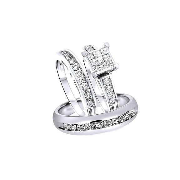 White Natural Diamond Engagement & Wedding Trio Band Ring Set In 10k White Gold (1.5 Cttw)