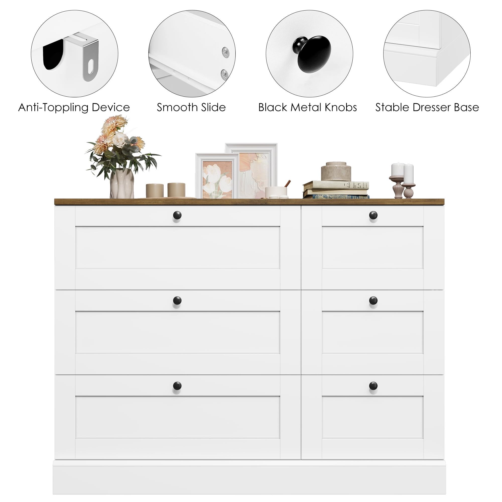 Homfa 6 Drawer White Dresser for Bedroom, Modern Wood Storage Cabinet Chest of Drawer for Living Room Entryway