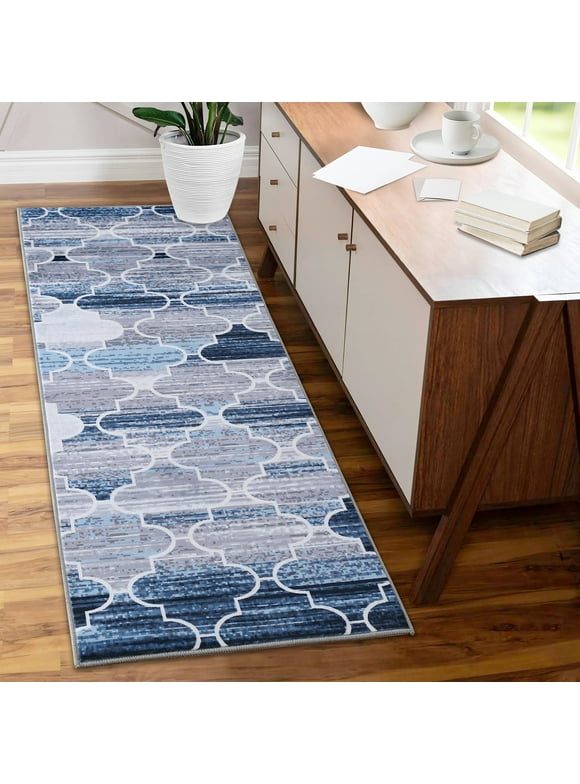 GlowSol 2'x6' Moroccan Runner Rug Carpet Contemporary Geometric Ogee Trellis Distressed Accent Rugs Indoor Floor Carpet for Entryway Laundry Room, Navy Blue