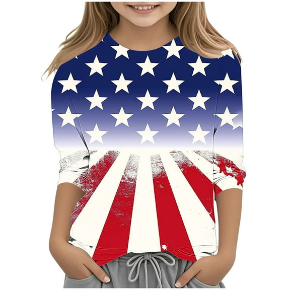 RKSTN Toddler Boys Girls Shirt Long Sleeve Solid American Independence Day PULLOVER Kids Crewneck Thin Tops 2-10 Years Blouse