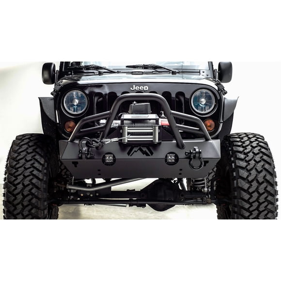 Fits 2007-2018 Jeep Wrangler JK Fab Fours Bumper JK07-B1952-1 Stubby Series; One Piece Design; Direct Fit; Mounting Hardware Included; With Pre-Runner Guard; With External Winch Mount