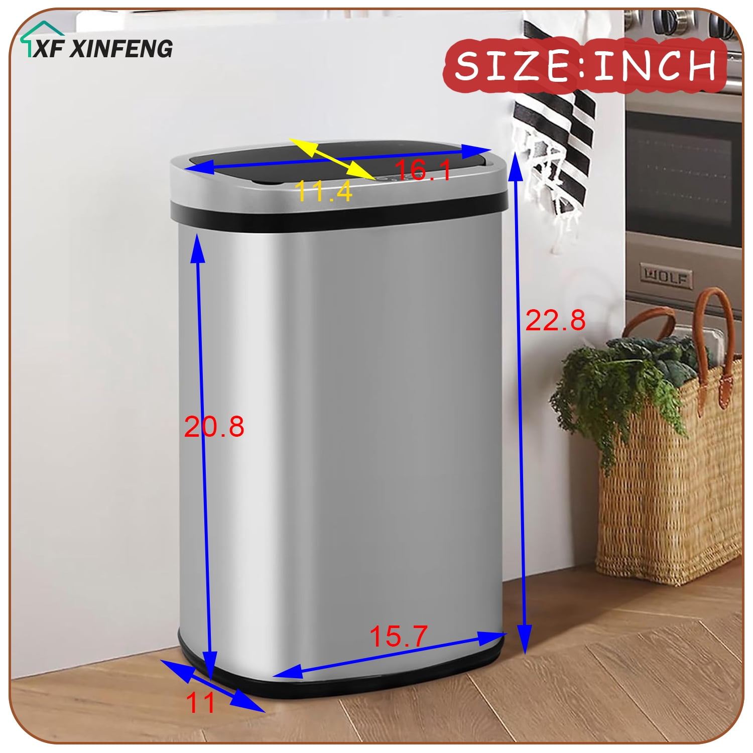 XF XINFENG  13 Gallon Kitchen Trash Can Automatic Touchless Stainless Steel Waste Bin with Silver,Black Lid