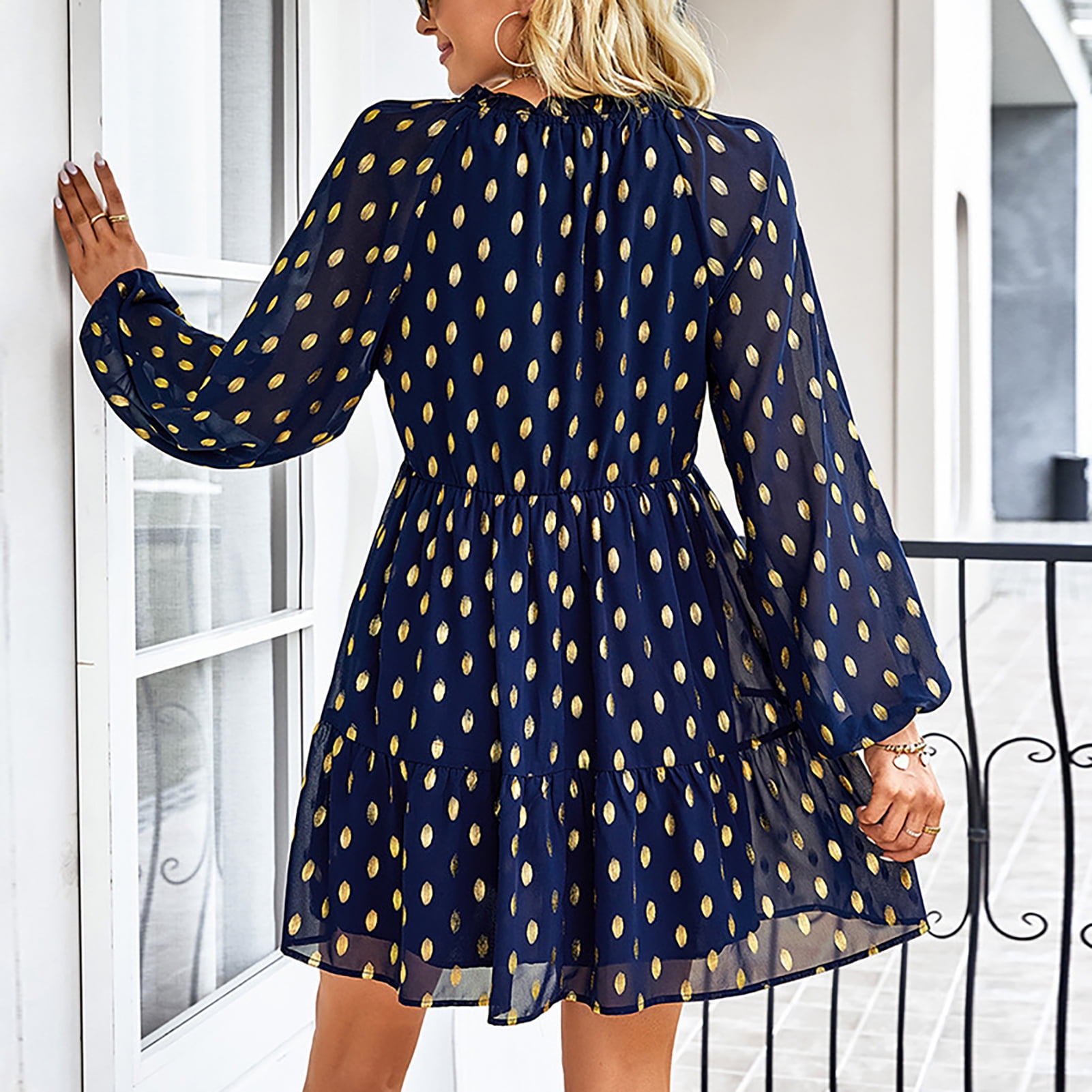 Blue polka dot long sleeve dress hotsell