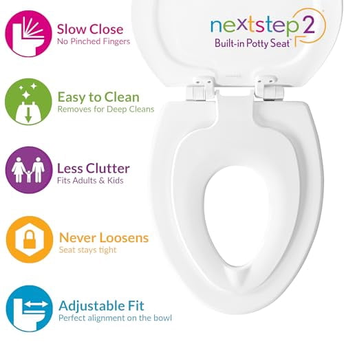 Mayfair NextStep2 Toilet Seat with Built-In Potty Training Seat, Slow-Close, Removable that will Never Loosen, Round, White, 2-Pack