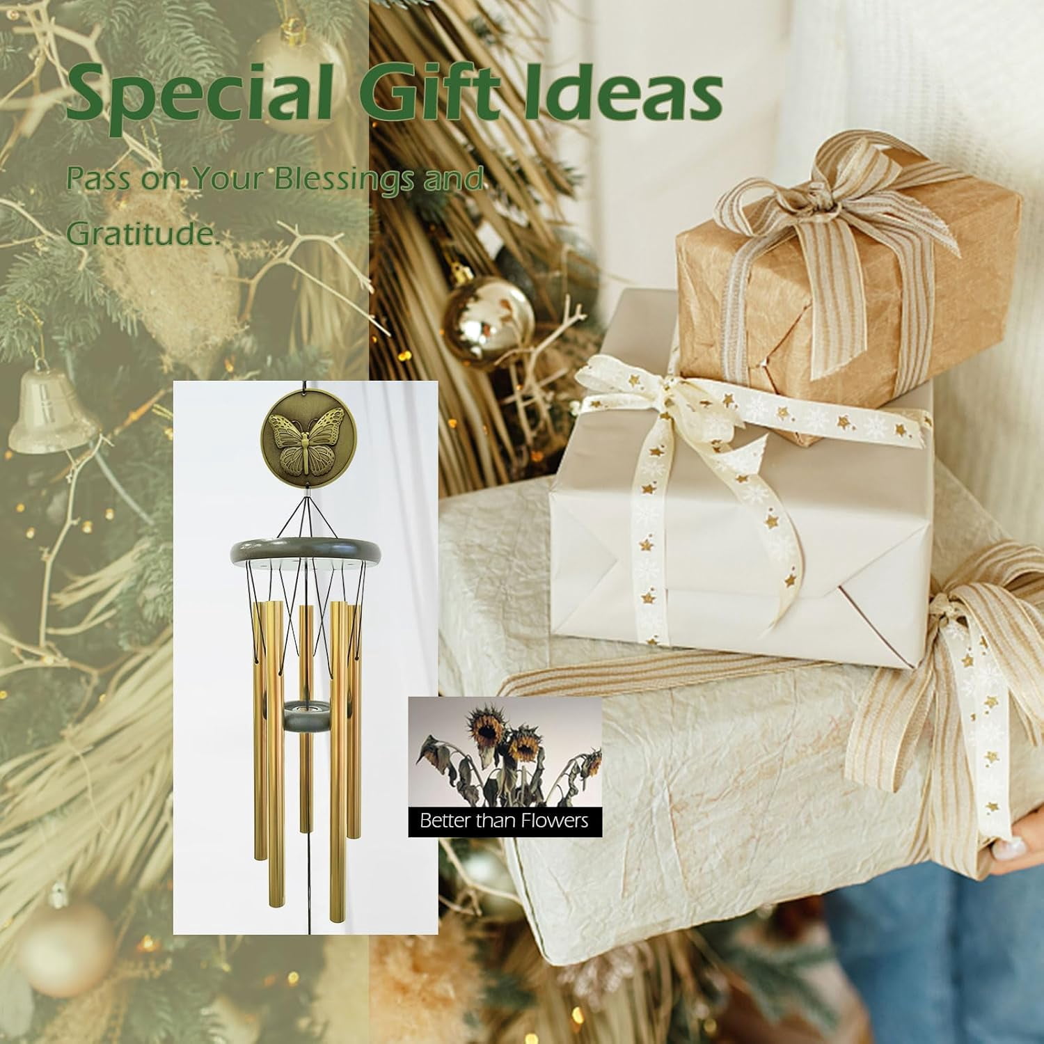 Wind Chimes Outdoor, 32” Bronze Butterfly Wind Chime for Garden Patio Yard Decor, Gift for Women