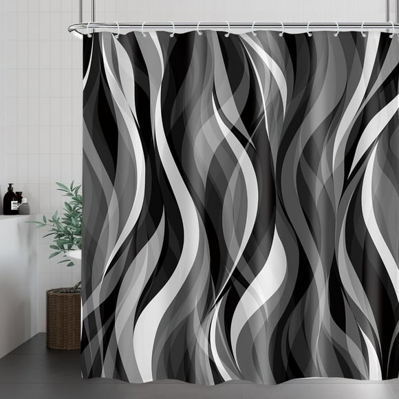 Black and Grey White Abstract Shower Curtain 72Wx72H Inch Striped Minimalist Geometric Aesthetic Modern Simple Waves Lines for Men Males Bathroom Decor Set Fabric 12 Pack Plastic Hooks