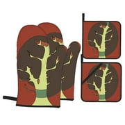 Japanese Zen Art Oven Mitts And Pot Holders Sets Baking Sets For Kitchen Bbq Gloves Heat Resistant Cooking Spring Tree Design 4 Pcs