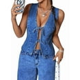 thumbnail image 3 of Women'S Tie Front Deep V Neck Denim Vest Sleeveless Jean Jacket Dark Blue XL, 3 of 8