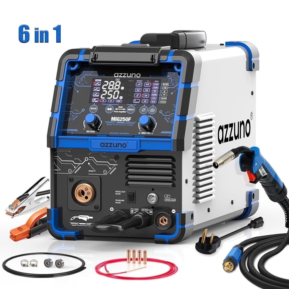 AZZUNO 6 in 1 Aluminum MIG Welder 250A 110V/220V Large LED Display MultiProcess Welder