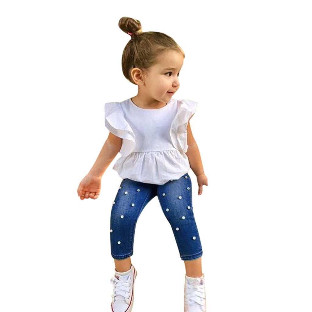 Whlbf Baby Girl Clothes Toddler Off Shoulder Solid Tops+Hole Rose Denim Jean Pants Outfits Red 130(130), Infant Unisex