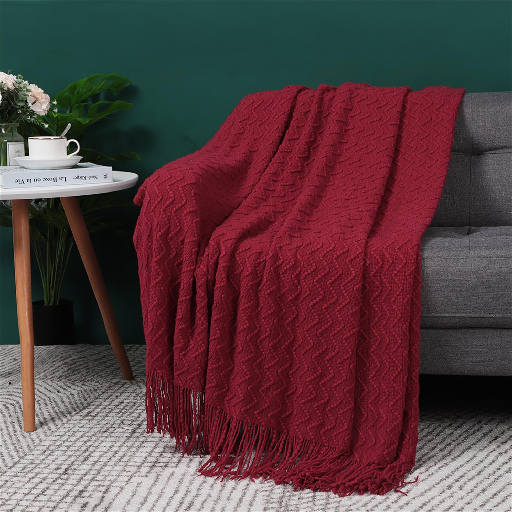 100% Acrylic Knit Throw Blanket Wave Pattern Soft Blanket with Tassels ...