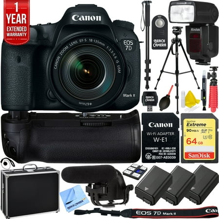 Canon EOS 7D Mark II 20.2MP DSLR Camera w/ Wi-Fi Adapter + EF-S 18-135mm Lens Triple Battery & Battery Grip Complete Video Recording Bundle - 2018 Beach Camera 24 Piece Value