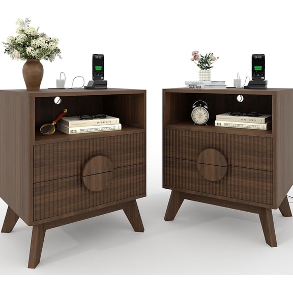 Modern Fluted Bedside Table Set of 2, Wood Nightstands with 2 Drawers, Open Storage Shelf & USB Charging Station for Bedroom & Living Room