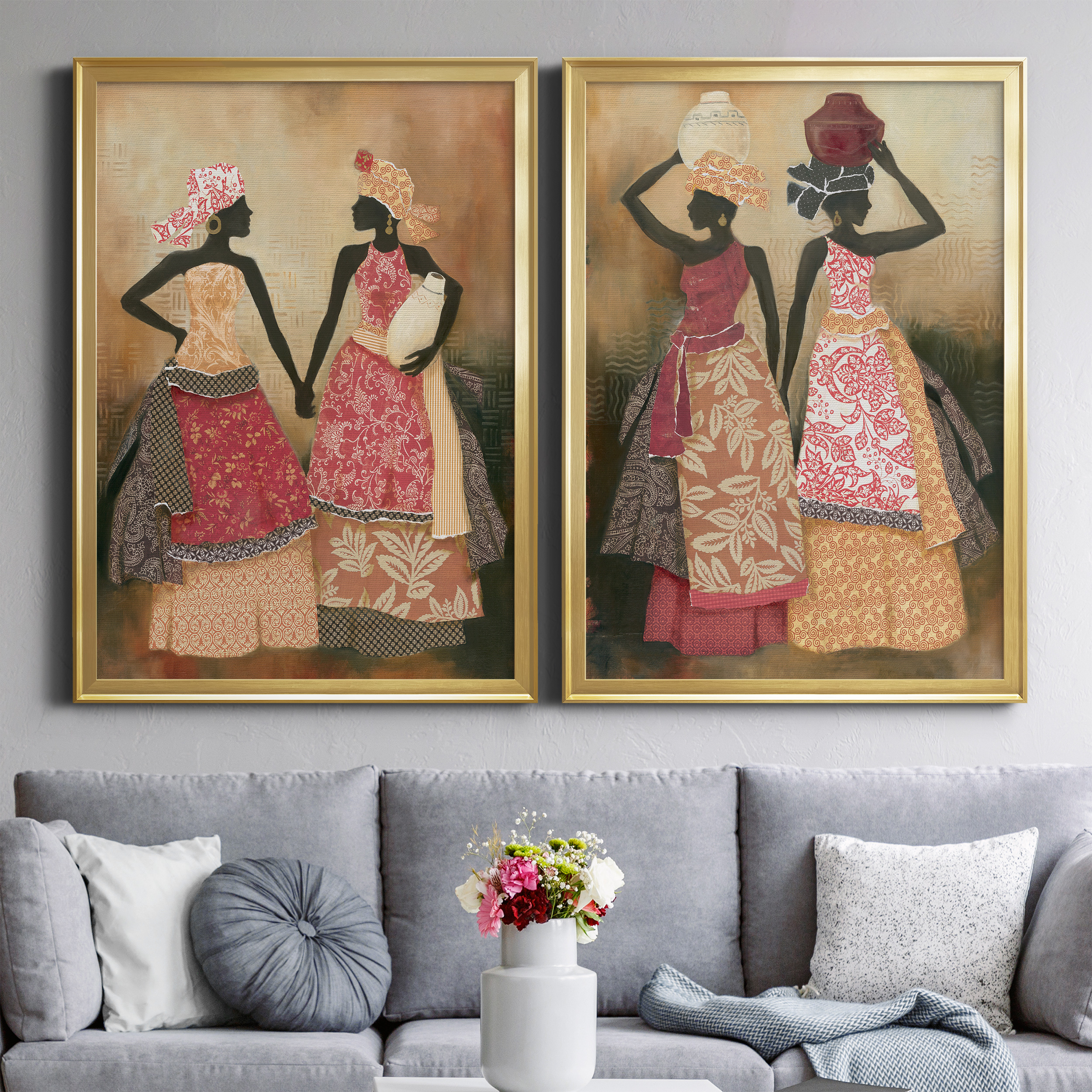 2 Piece Set Village Women I Premium Framed Canvas - Ready to Hang - 26.5 x 36.5 Each - Gold Frame