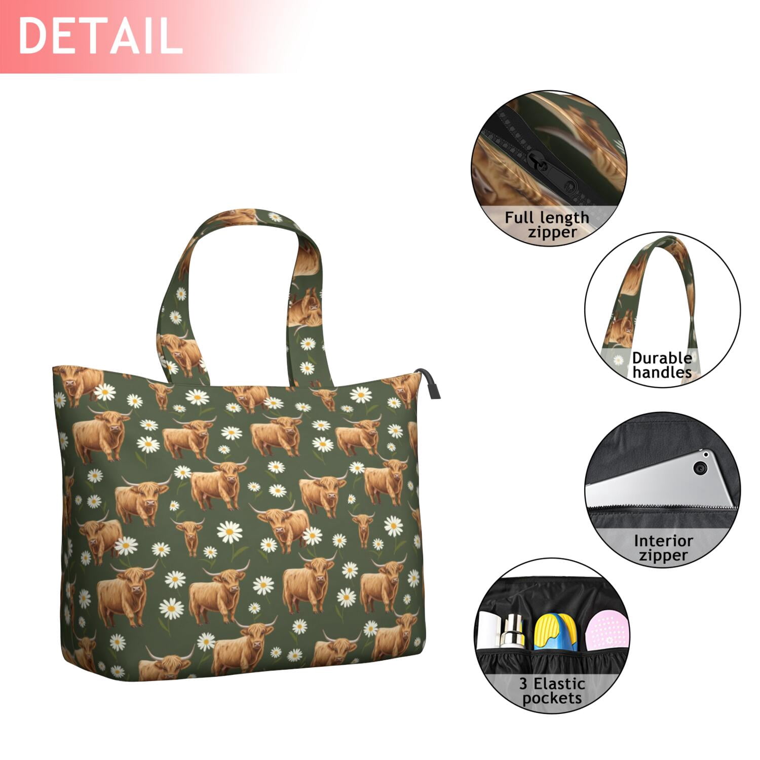Green Highland Cow Daisy Pattern Travel Tote Bags for Women Carry On,Large Weekender Bags for Women Travel,Multi Functional Duffle Bag for Work,Shopping,Sports