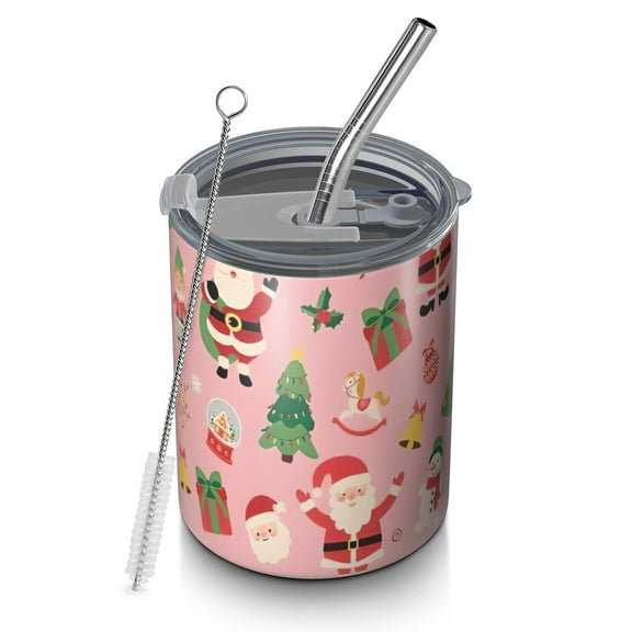 12oz Coffee Tumblers Pink Christmas Santa Pattern Stainless Steel Vacuum Insulated Travel Tumbler Coffee Cups Mug with Lid and Straw with Cleaning Brush for Cold & Hot Drinks