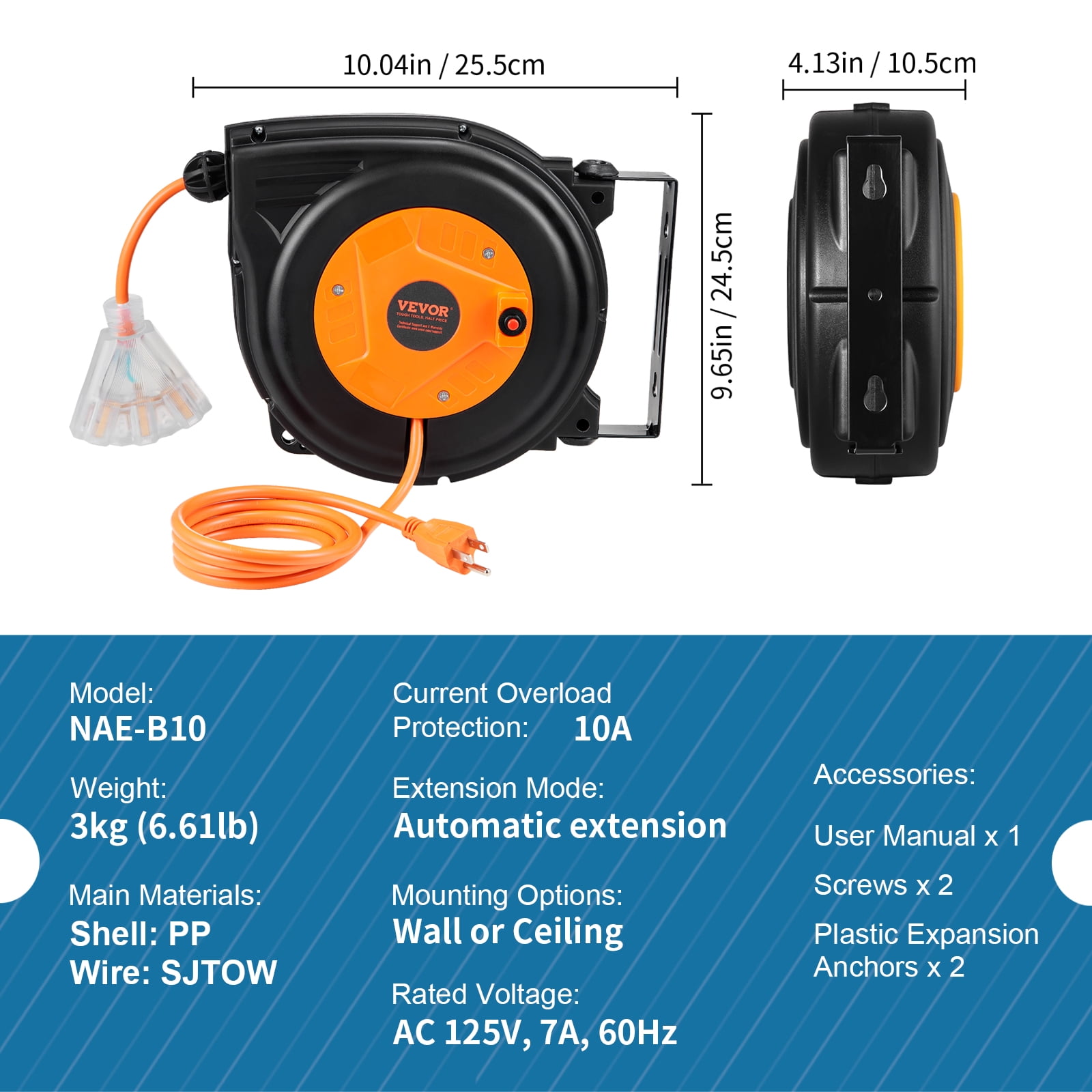 VEVOR Retractable Extension Cord Reel, 30 FT, Heavy Duty 16AWG/3C SJTOW Power Cord, with Lighted Triple Tap Outlet 10 Amp Circuit Breaker, for Ceiling or Wall Mount Garage and Shop, ETL Listed