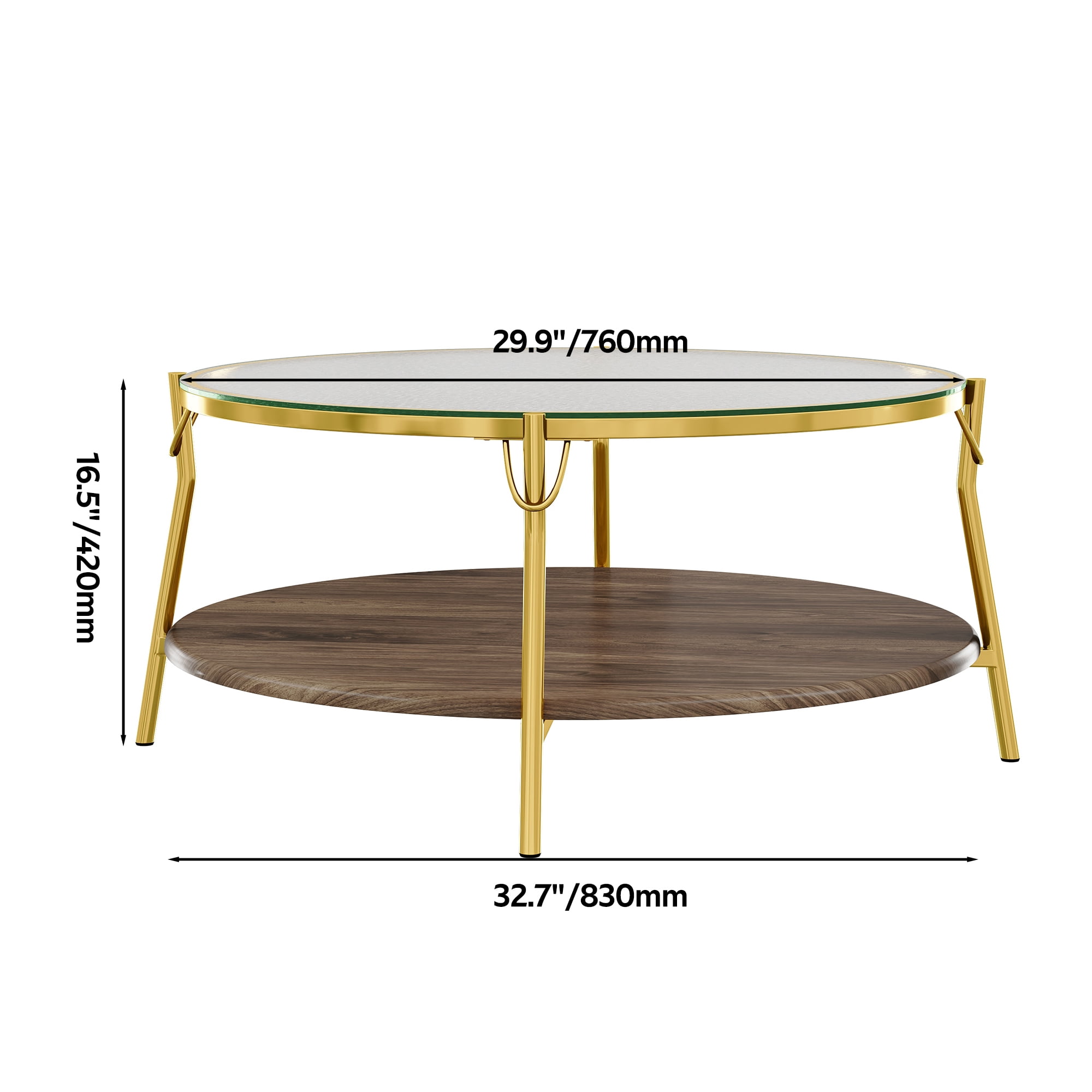 TesNus Modern Round 2-Tier Coffee Table with Glass Top, 29.9" Walnut Accent Table with Gold Metal Base for Living Room