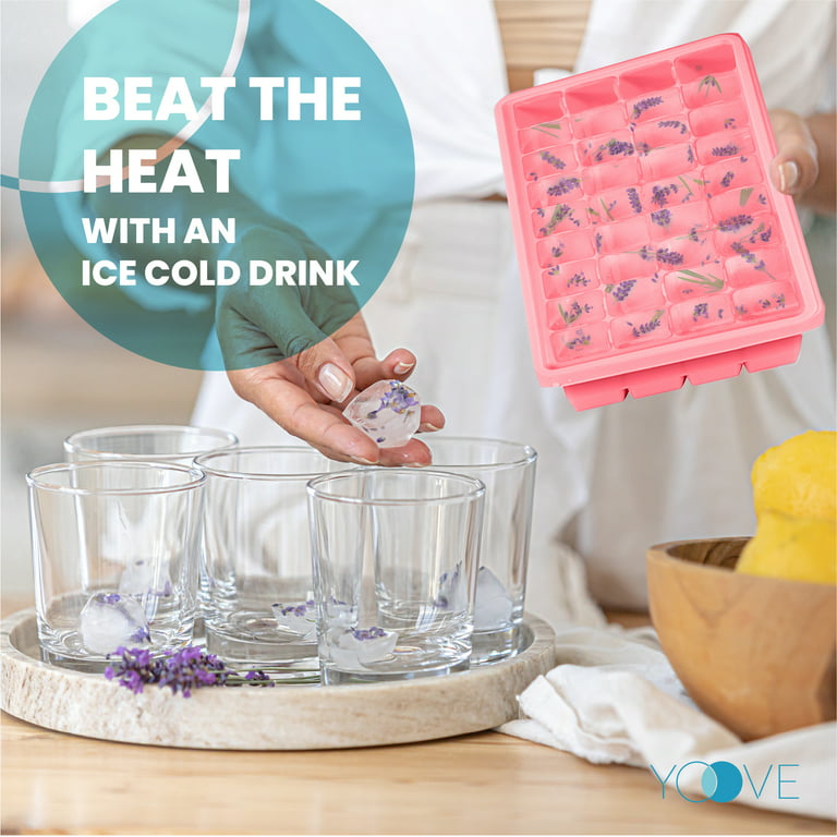 Yoove Ice Cube Tray With Lid and Bin- Silicone Ice Tray For Freezer | Comes  with Ice Container, Scoop and Cover | Good Size Ice Bucket (Pink)