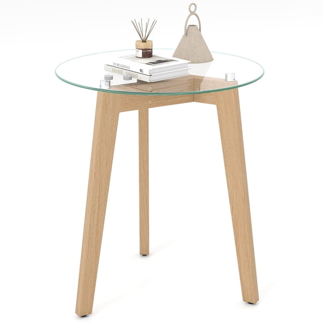 Gymax Modern Tempered Glass End Table w/Transparent Tabletop Rubber Wood Structure