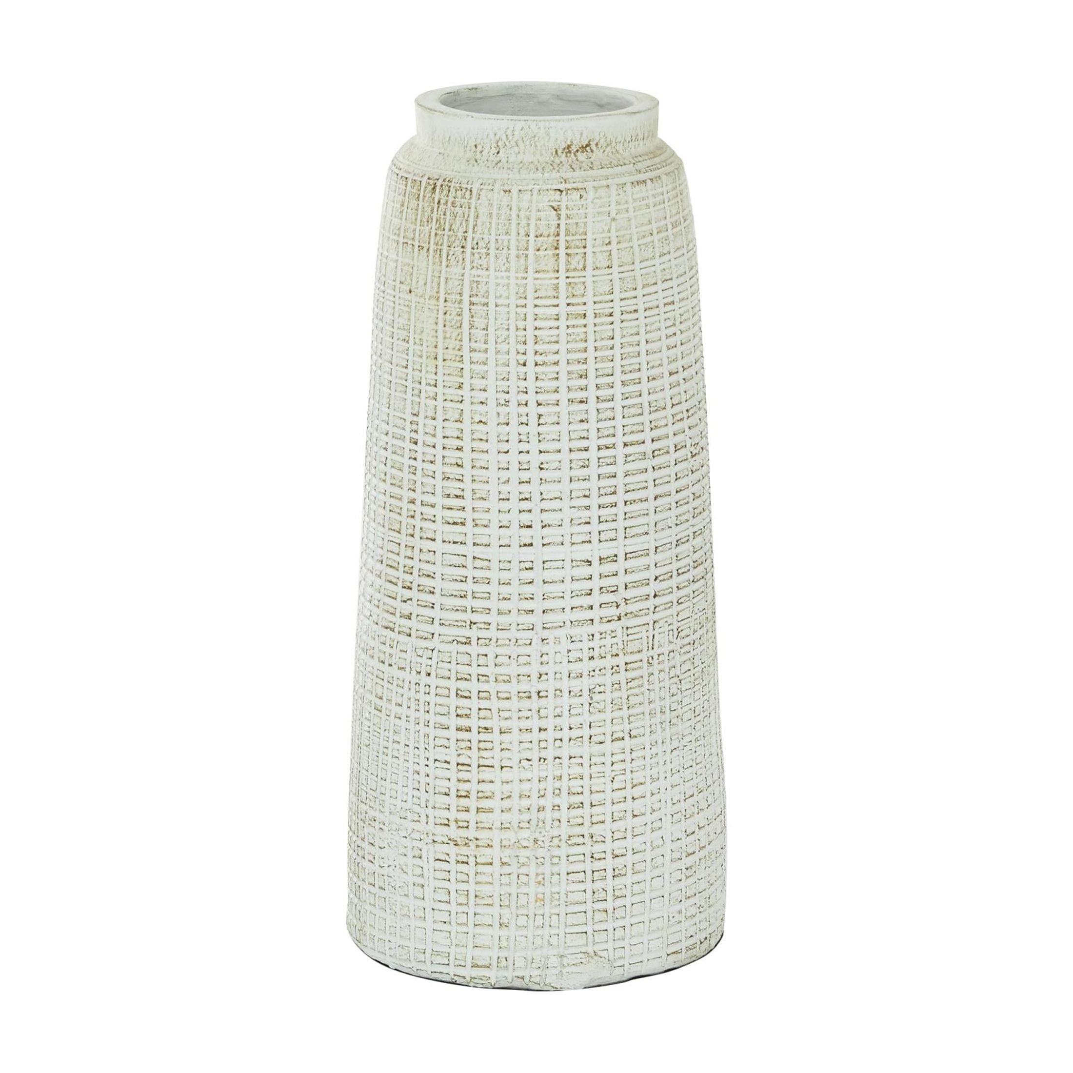 DecMode 17" Textured Crosshatch White Ceramic Vase with Crosshatch Design