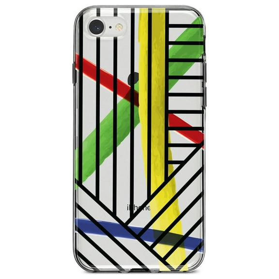DistinctInk Clear Shockproof Hybrid Case for iPhone 7 8 SE (2020 Model) 4.7" Screen TPU Bumper Acrylic Back Tempered Glass Screen Protector - Abstract Lines and Paint Swatches