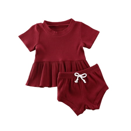 

ZIYIXIN Infant Baby Girls Summer Clothes Ruffle Short Sleeve T-Shirt Tops Shorts Pants 2PCS Casual Outfits Burgundy 0-6 Months