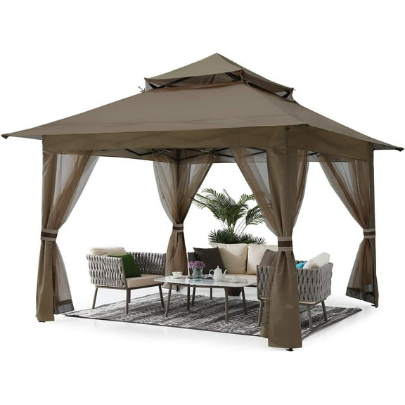 Pop Up Gazebo 13x13 - Outdoor Canopy Tent with Mosquito Netting for Patio Garden Backyard (Brown)