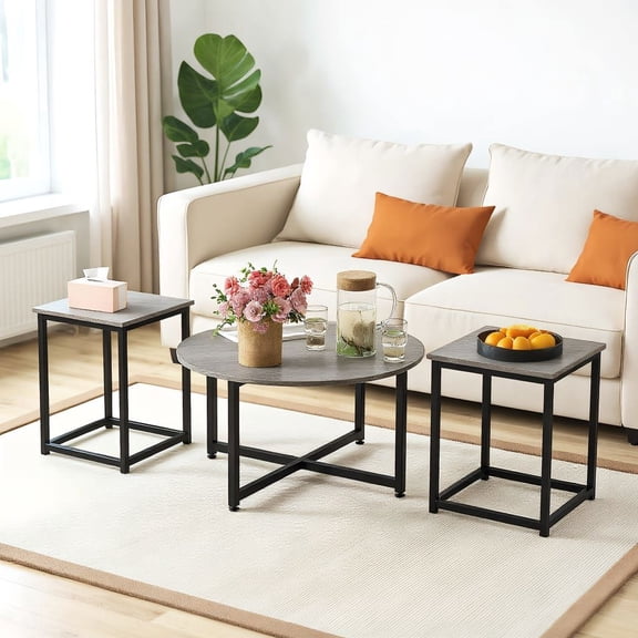 Barara King Coffee Table Butcher Block Top Large Accent Table,3-Piece Coffee Table Set Round Coffee Table and 2PCS Square End Tables-Gray