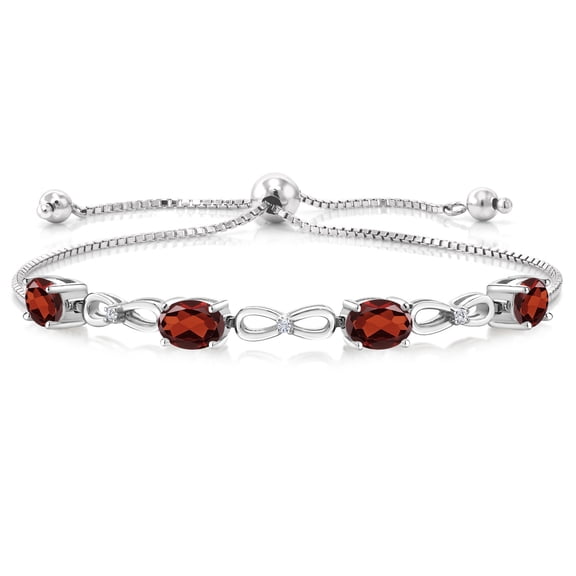 Gem Stone King 925 Sterling Silver Red Garnet and White Lab Grown Diamond Tennis Bracelet for Women (3.50 Cttw, Oval 7X5MM, Gemstone Birthstone, Fully Adjustable up to 9 inch)