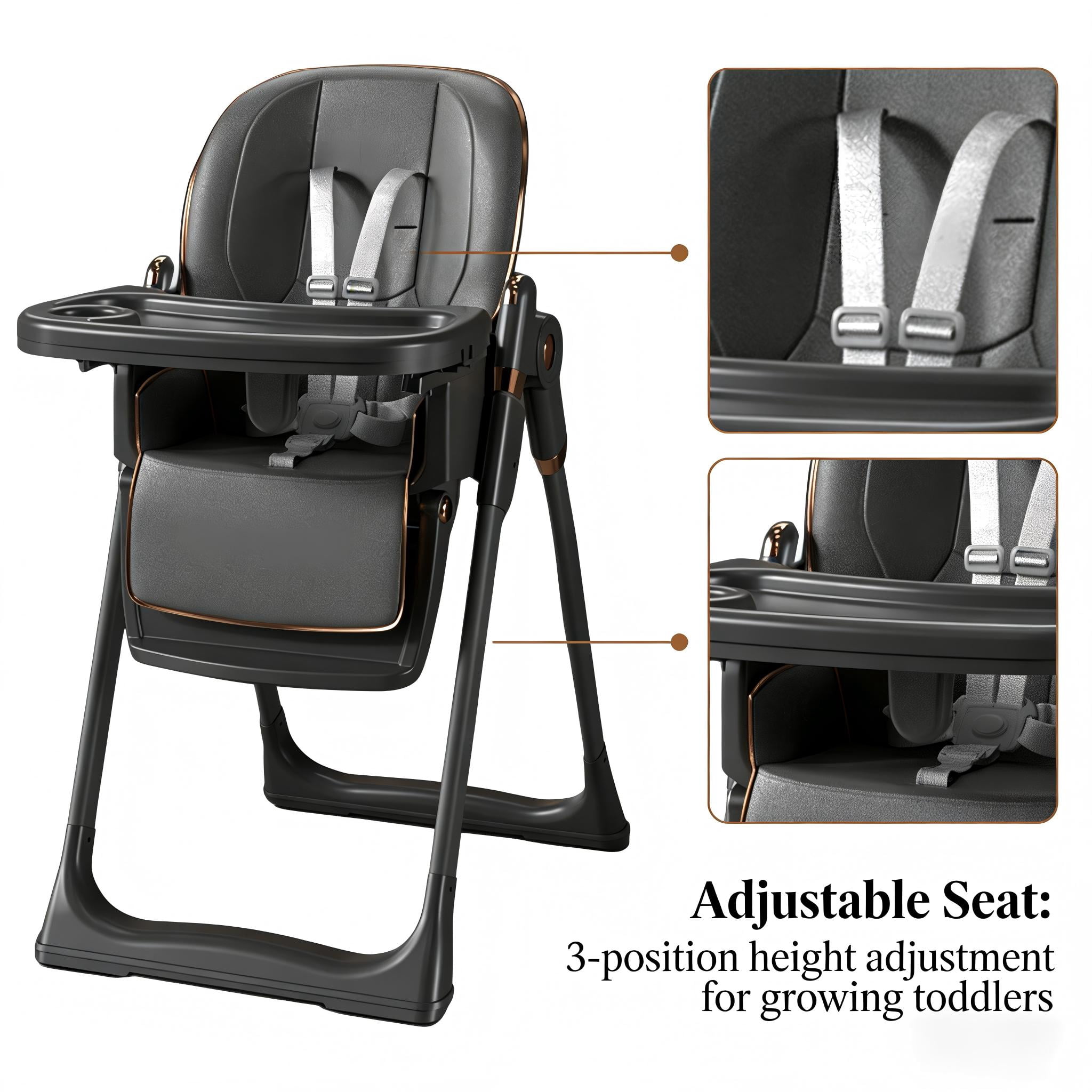 Cochildor Foldable High Chair for Babies & Toddlers, with 5 Point Harness, Tray, Foot Rest and Wheels, Gray